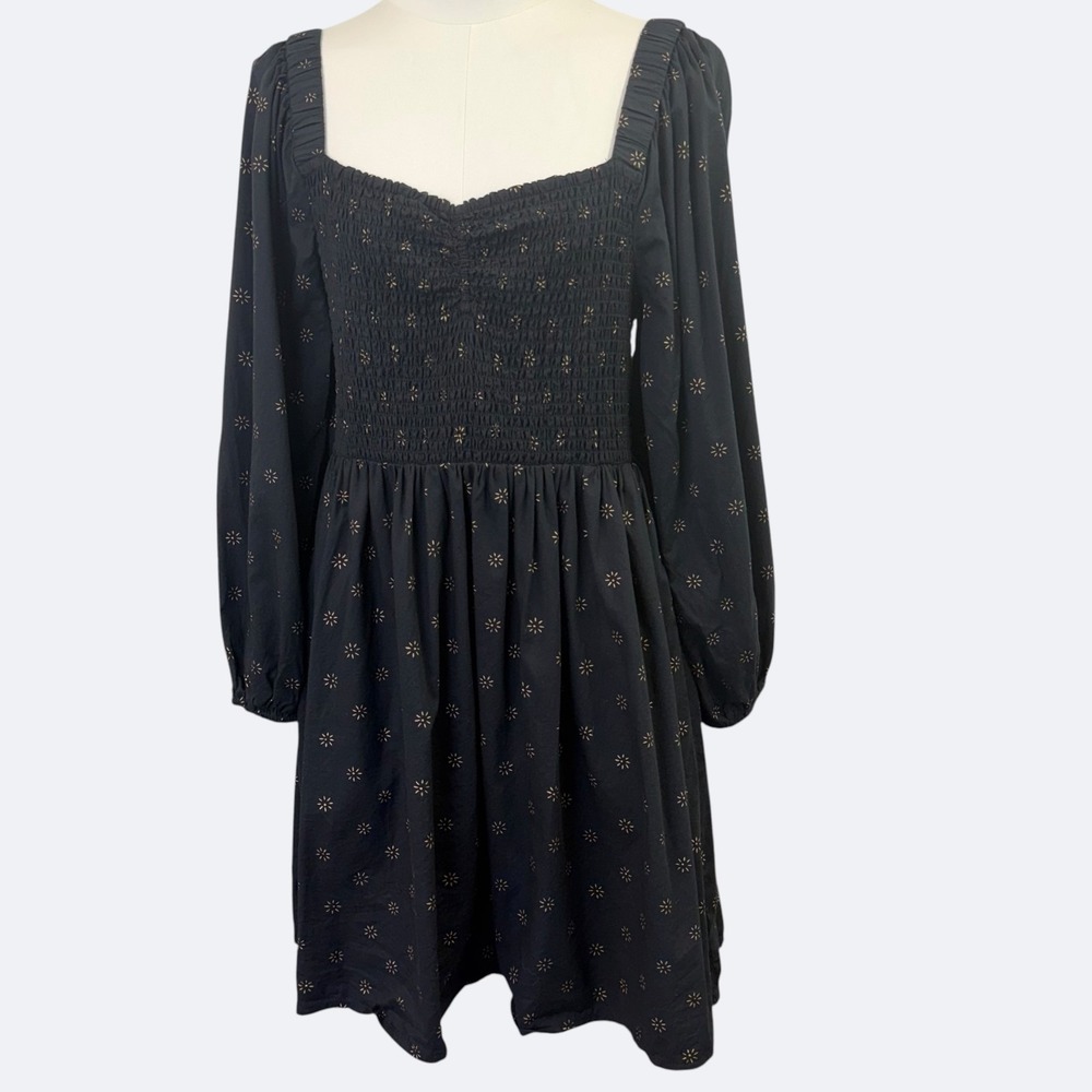 Madewell Smocked Mini Dress M Black Gold Starburst Balloon Sleeve Cottagecore